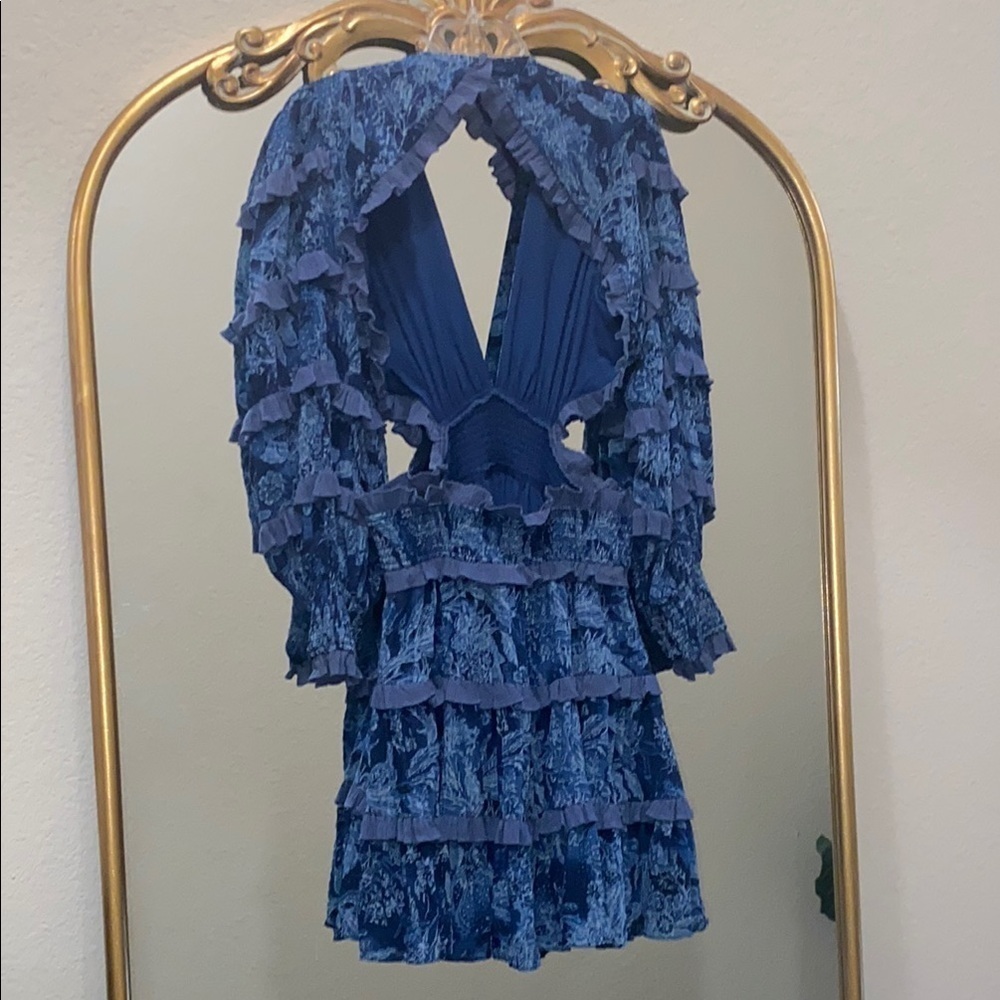 Elliatt Alvernia Ruffle Long Sleeve Mini Dress in Navy Blue Size XL - Picture 9 of 13